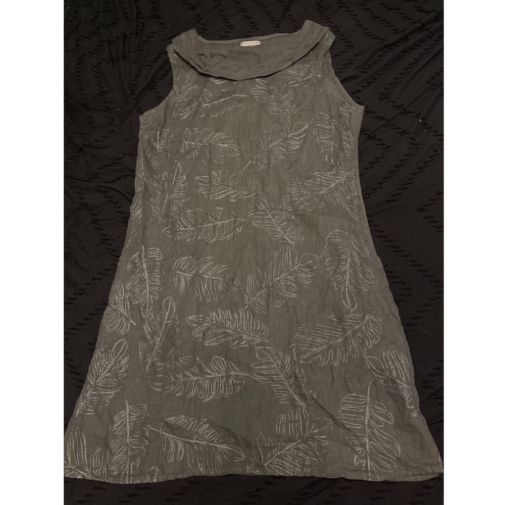 Lina Tomei Made in Italy‎ Dark Gray 100% Linen Embroidered Palms Sheath Dress M